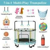 Lamerge Mini Round Trampoline for Kids 7-in-1,65" with 5 Adjustable Height,Indoor Outdoor Kids Trampoline with Basketball Hoop,Swing,Hanging Rings,Ocean Balls. (Blue Dinosaur Pattern)