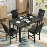 Lamerge Products 5-Piece Marble Dining Set, Modern Kitchen Table and Chairs for Dining Room, Dinette, Compact Space Saving Furniture, 4 Upholstered Velvet Chairs - Black