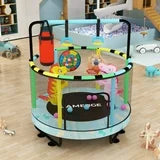 Lamerge Mini Round Trampoline for Kids 7-in-1,65" with 5 Adjustable Height,Indoor Outdoor Kids Trampoline with Basketball Hoop,Swing,Hanging Rings,Ocean Balls. (Blue Dinosaur Pattern)
