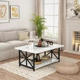 Lamerge Coffee Table with Round Corners, 2 Tier Coffee Table with Storage Shelf, Rectangular Center Table for Living Room Modern Style, Marble Tea Table 39.37 × 21.65 Inches, Easy to Assemble, White