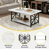 Lamerge Coffee Table with Round Corners, 2 Tier Coffee Table with Storage Shelf, Rectangular Center Table for Living Room Modern Style, Marble Tea Table 39.37 × 21.65 Inches, Easy to Assemble, White