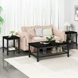 Lamerge 3 Pieces Coffee Table Set, Industrial Living Room Table Set with Metal Frame, Rectangular Coffee Table & 2 End Side Tables for Home Office Apartment, Black