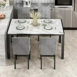 Lamerge 4 person kitchen dining table set, marble dining table and chairs with 4 PU leather chairs, suitable for apartment, kitchen, dining room, breakfast corner, small space use.