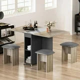 Lamerge Folding Dining Table Set for 4, Dinner Table with 4 Leather Chairs and Shelves, Space Saving Foldable Dining Table with 6 Wheels, Kitchen Table Set for Small Spaces (Grey)