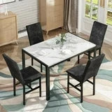 Lamerge Products 5-Piece Marble Dining Set, Modern Kitchen Table and Chairs for Dining Room, Dinette, Compact Space Saving Furniture, 4 Upholstered Velvet Chairs - White