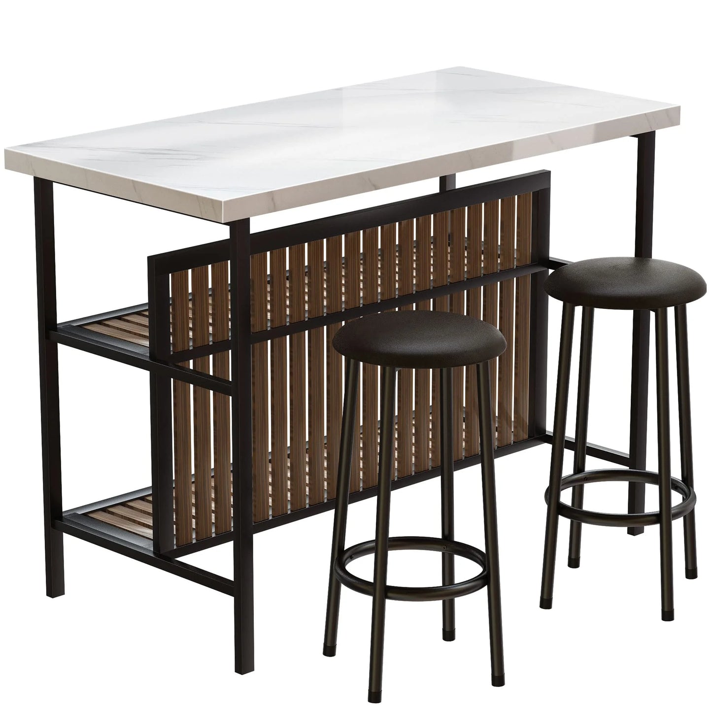 Lamerge 3 Piece Dining Table Set, Faux Marble Dining Room Table Set with 2 Tier Storage Shelves, Bar Table Set with Bar Stools, Sturdy Kitchen Island with Storage for Restaurant, Living Room, White