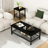 Lamerge 3 Pieces Coffee Table Set, Industrial Living Room Table Set with Metal Frame, Rectangular Coffee Table & 2 End Side Tables for Home Office Apartment, Black