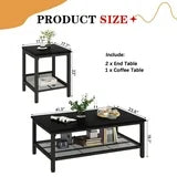 Lamerge 3 Pieces Coffee Table Set, Industrial Living Room Table Set with Metal Frame, Rectangular Coffee Table & 2 End Side Tables for Home Office Apartment, Black