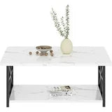 Lamerge Coffee Table with Round Corners, 2 Tier Coffee Table with Storage Shelf, Rectangular Center Table for Living Room Modern Style, Marble Tea Table 39.37 × 21.65 Inches, Easy to Assemble, White