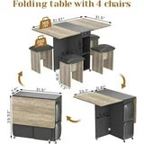 Lamerge Folding Dining Table Set for 4, Dinner Table with 4 Leather Chairs and Shelves, Space Saving Foldable Dining Table with 6 Wheels, Kitchen Table Set for Small Spaces (Grey)