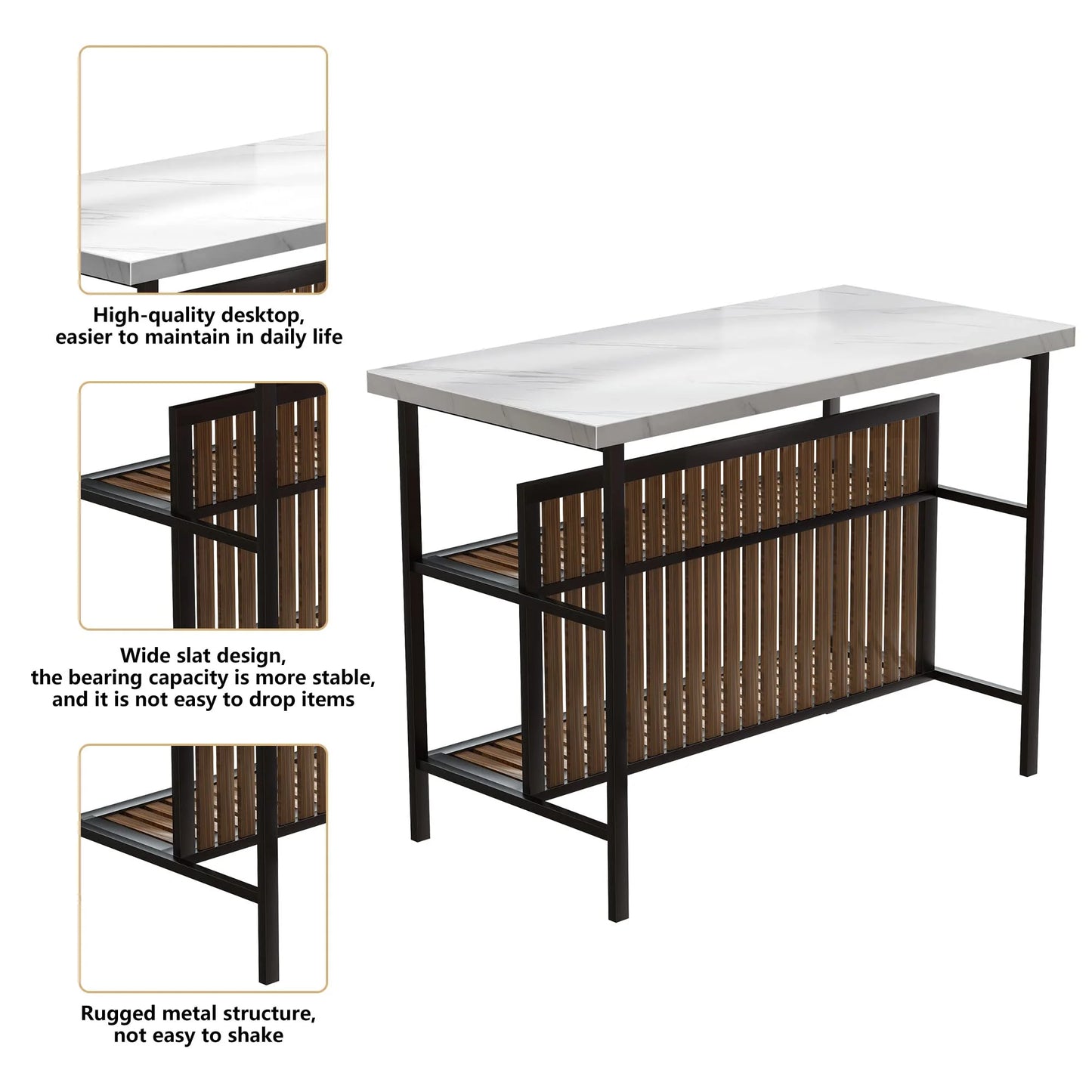 Lamerge 3 Piece Dining Table Set, Faux Marble Dining Room Table Set with 2 Tier Storage Shelves, Bar Table Set with Bar Stools, Sturdy Kitchen Island with Storage for Restaurant, Living Room, White