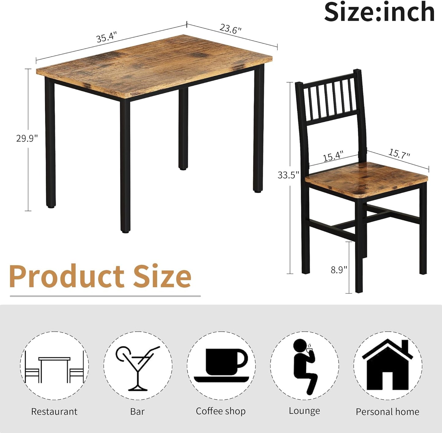 Lamerge 3 Piece Dining Table Set, Industrial Kitchen Table and 2 Chairs with Metal Frame, Dining Room Table Set, Breakfast Table Set for Small Space, Dining Room, Kitchen, Rustic Brown