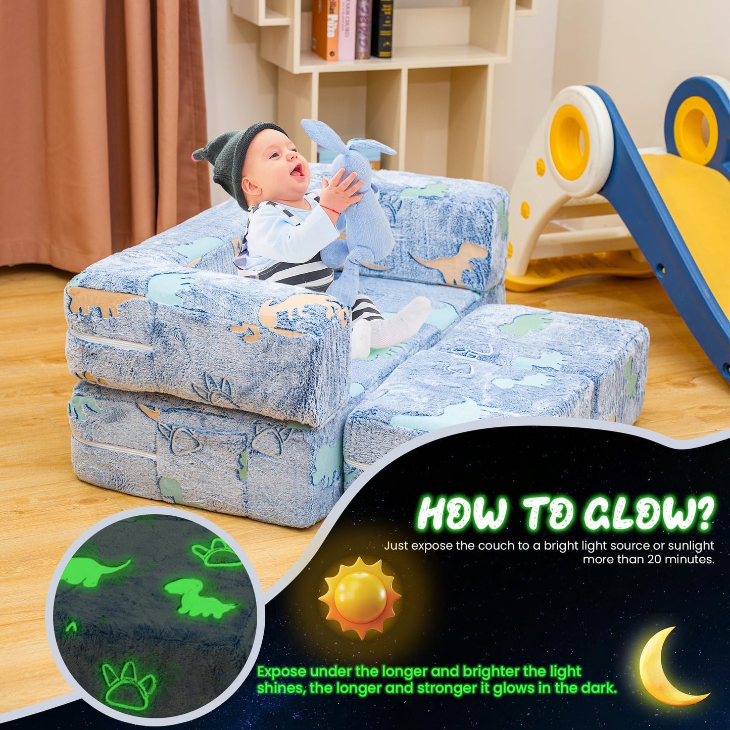 Lamerge Kids Play Couch, 5 in 1 Convertible Glow-in-the-Dark Kids Couch with Convertible Baby Play Foam and Floor Cushions for Boys and Girls, Bedroom, Playroom, Living Room. (Blue+Dinosaur)