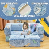 Lamerge Kids Play Couch, 5 in 1 Convertible Glow-in-the-Dark Kids Couch with Convertible Baby Play Foam and Floor Cushions for Boys and Girls, Bedroom, Playroom, Living Room. (Blue+Dinosaur)