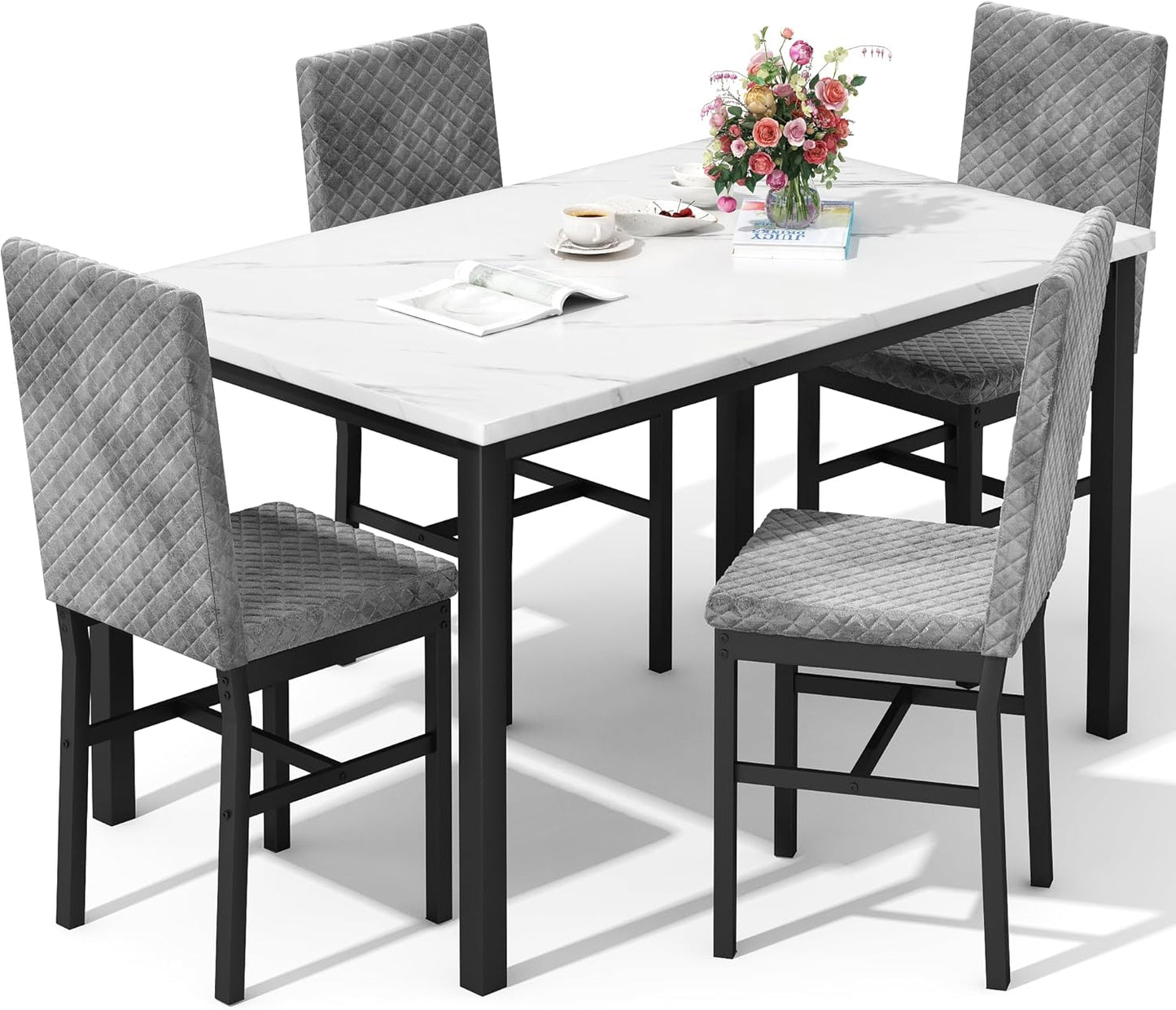 Lamerge Marble Kitchen Table Set with 4 Upholstered Velvet Chairs for Home Kitchen, Living Room, Dining Room, White and Gray