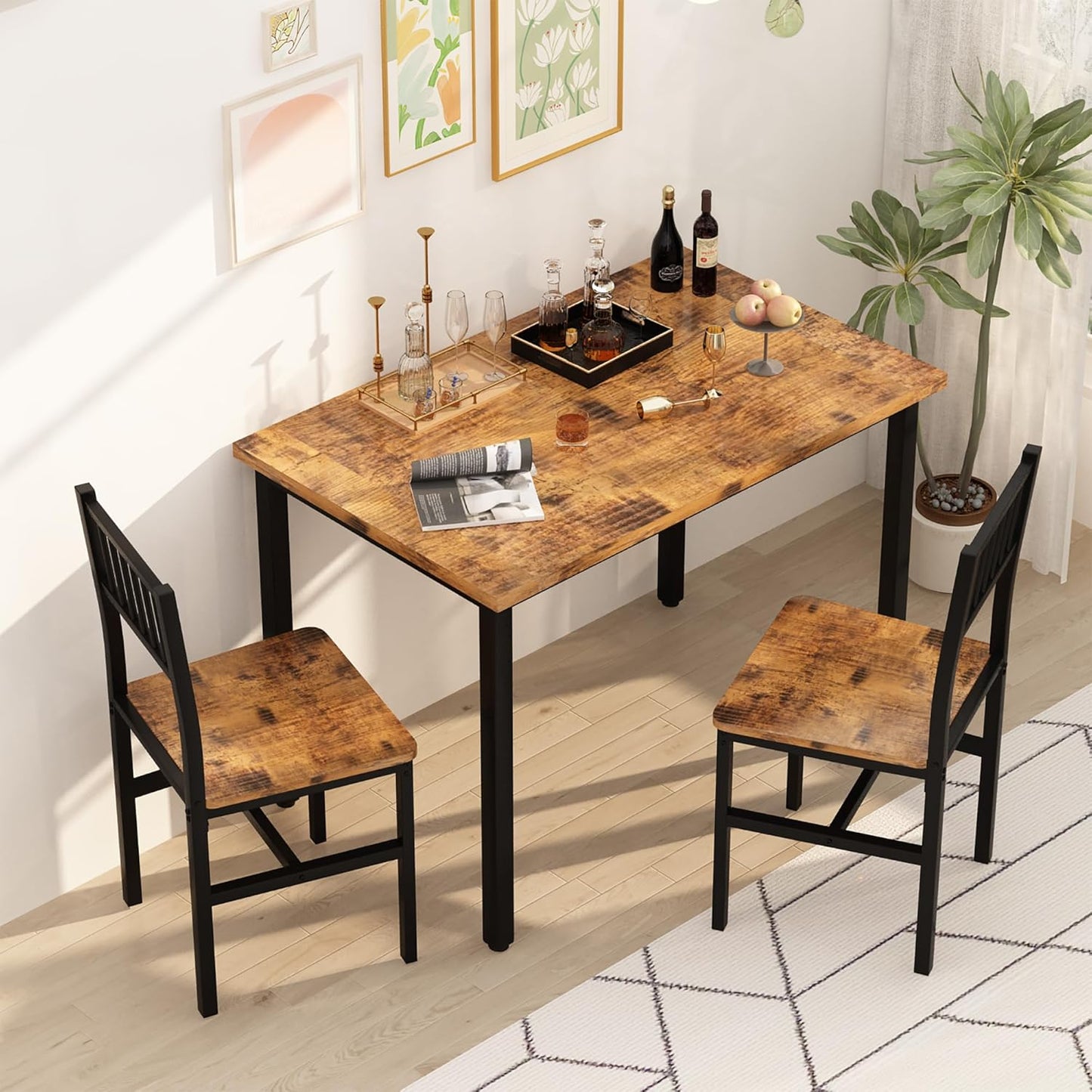 Lamerge 3 Piece Dining Table Set, Industrial Kitchen Table and 2 Chairs with Metal Frame, Dining Room Table Set, Breakfast Table Set for Small Space, Dining Room, Kitchen, Rustic Brown