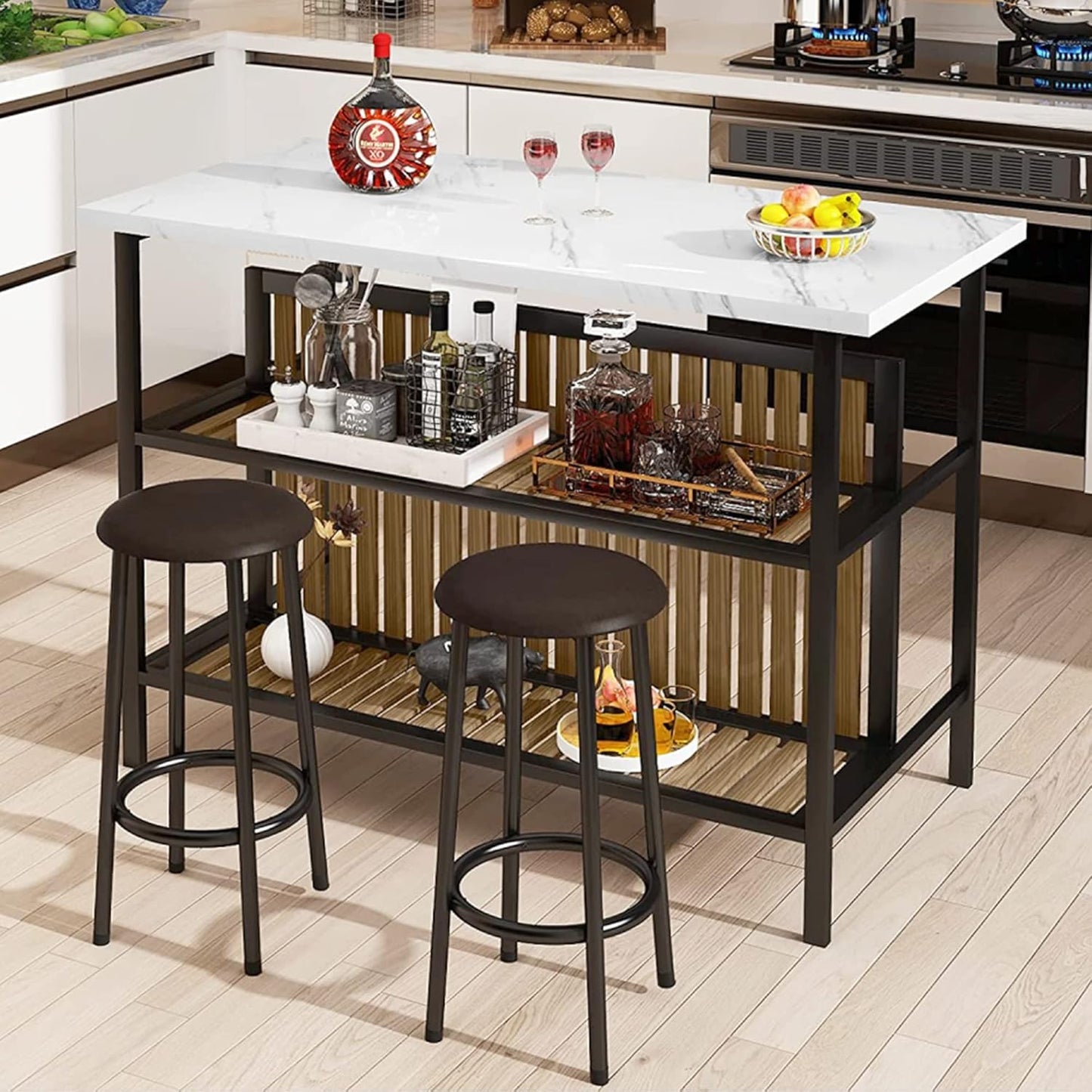 Lamerge 3 Piece Dining Table Set, Faux Marble Dining Room Table Set with 2 Tier Storage Shelves, Bar Table Set with Bar Stools, Sturdy Kitchen Island with Storage for Restaurant, Living Room, White