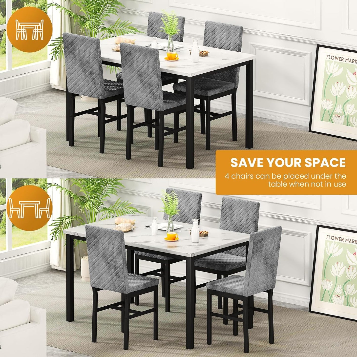 Lamerge Marble Kitchen Table Set with 4 Upholstered Velvet Chairs for Home Kitchen, Living Room, Dining Room, White and Gray