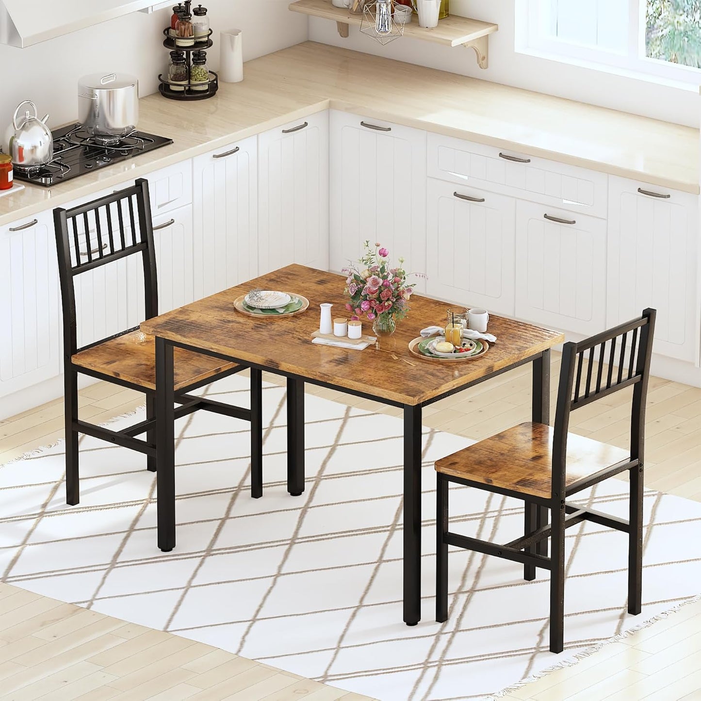 Lamerge 3 Piece Dining Table Set, Industrial Kitchen Table and 2 Chairs with Metal Frame, Dining Room Table Set, Breakfast Table Set for Small Space, Dining Room, Kitchen, Rustic Brown