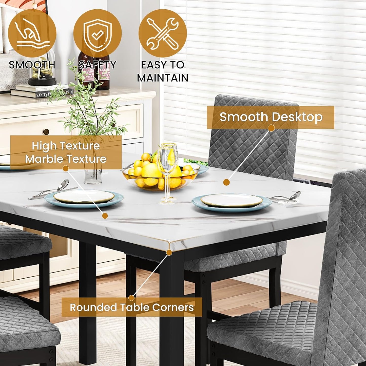 Lamerge Marble Kitchen Table Set with 4 Upholstered Velvet Chairs for Home Kitchen, Living Room, Dining Room, White and Gray
