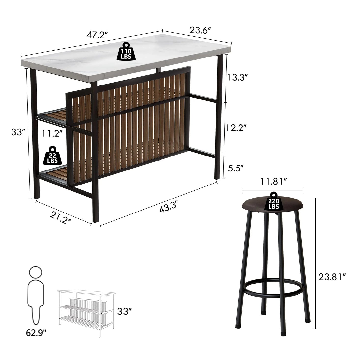 Lamerge 3 Piece Dining Table Set, Faux Marble Dining Room Table Set with 2 Tier Storage Shelves, Bar Table Set with Bar Stools, Sturdy Kitchen Island with Storage for Restaurant, Living Room, White