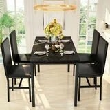 Lamerge Dining Table Set for 4, Kitchen Table and Chairs Set of 4, Faux Marble Dining Room Table Set with 4 Upholstered PU Leather Chairs, for Small Place Apartment Home (Black)