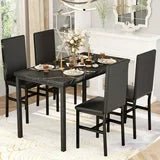 Lamerge Dining Table Set for 4, Kitchen Table and Chairs Set of 4, Faux Marble Dining Room Table Set with 4 Upholstered PU Leather Chairs, for Small Place Apartment Home (Black)