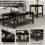 Lamerge 3 Pieces Coffee Table Set, Industrial Living Room Table Set with Metal Frame, Rectangular Coffee Table & 2 End Side Tables for Home Office Apartment, Black