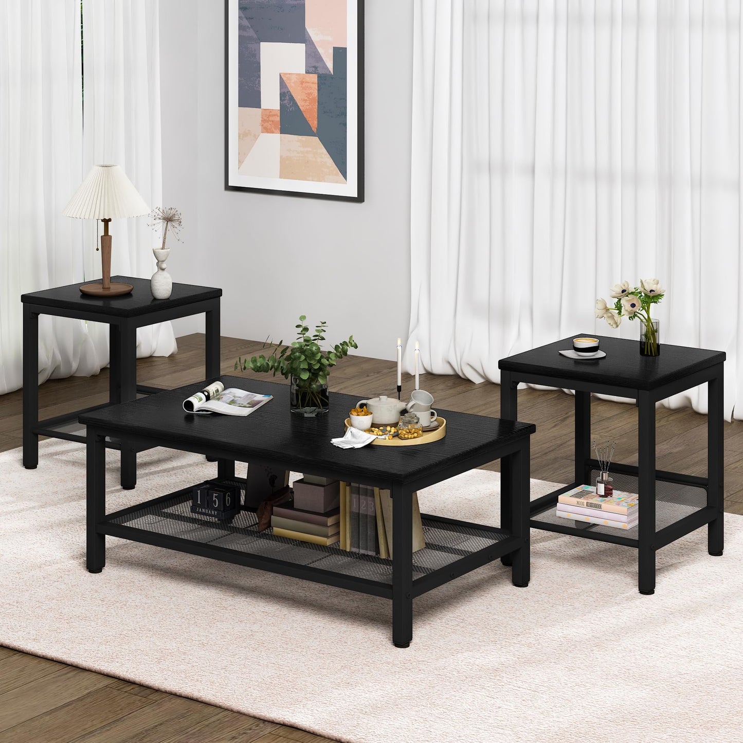 Lamerge 3 Pieces Coffee Table Set, Industrial Living Room Table Set with Metal Frame, Rectangular Coffee Table & 2 End Side Tables for Home Office Apartment, Black