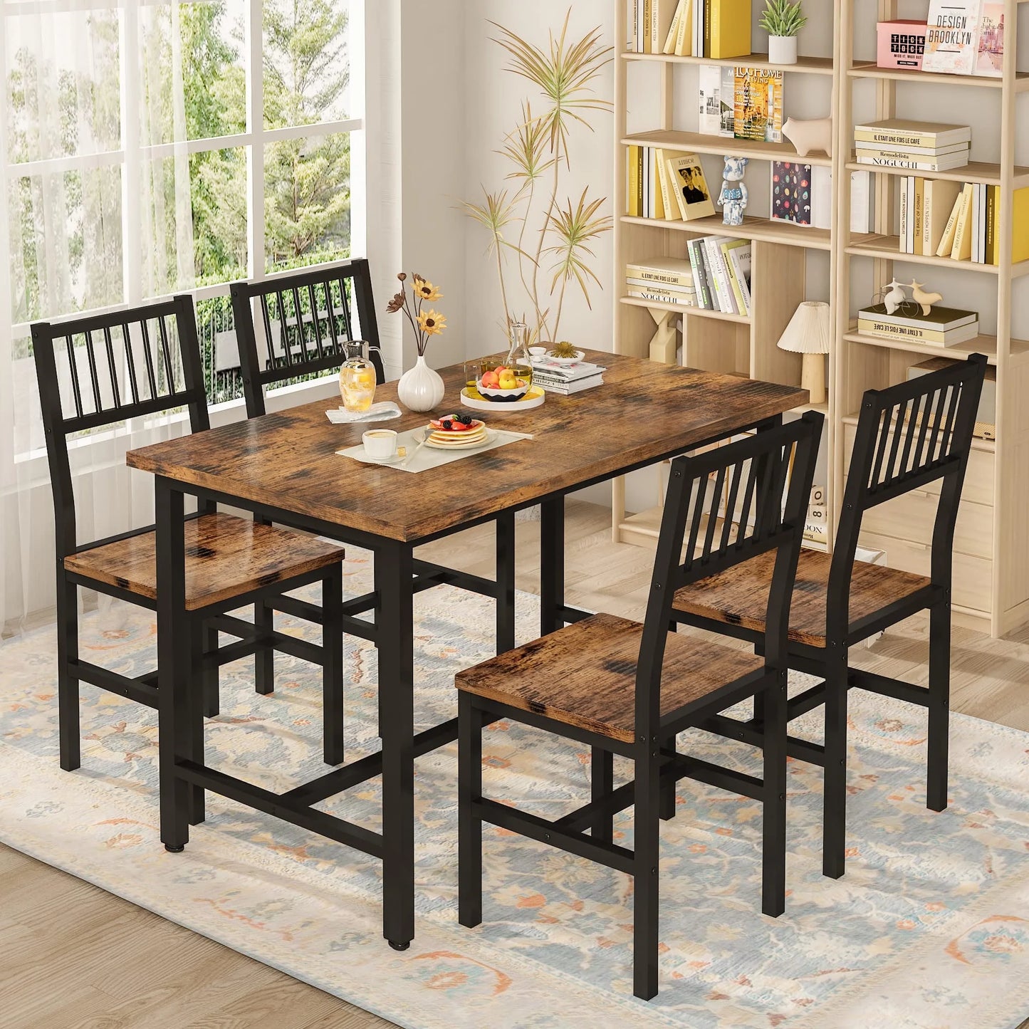 Lamerge 5 Piece Kitchen Table and Chairs Set, Dining Table Set for 4, Dining Table Set with Metal Frame, Industrial Table for Kitchen, Dining Room, Restaurant, Rustic Brown