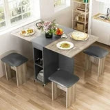Lamerge Folding Dining Table Set for 4, Dinner Table with 4 Leather Chairs and Shelves, Space Saving Foldable Dining Table with 6 Wheels, Kitchen Table Set for Small Spaces (Grey)