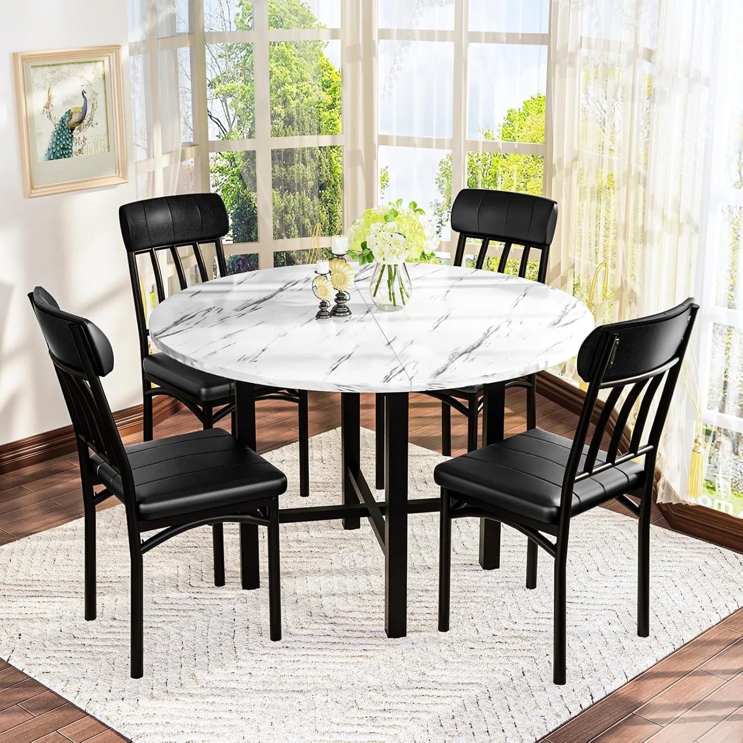 Lamerge Round Dining Table Set for 4,Wood Round Kitchen Table and Chairs Set for 4,Modern Dining Room Table Set with 4 Faux Leather Chairs,Round Dinner Table for Small Space,White+Black