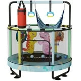Lamerge Mini Round Trampoline for Kids 7-in-1,65" with 5 Adjustable Height,Indoor Outdoor Kids Trampoline with Basketball Hoop,Swing,Hanging Rings,Ocean Balls. (Blue Dinosaur Pattern)