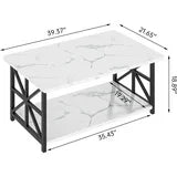 Lamerge Coffee Table with Round Corners, 2 Tier Coffee Table with Storage Shelf, Rectangular Center Table for Living Room Modern Style, Marble Tea Table 39.37 × 21.65 Inches, Easy to Assemble, White