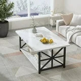 Lamerge Coffee Table with Round Corners, 2 Tier Coffee Table with Storage Shelf, Rectangular Center Table for Living Room Modern Style, Marble Tea Table 39.37 × 21.65 Inches, Easy to Assemble, White