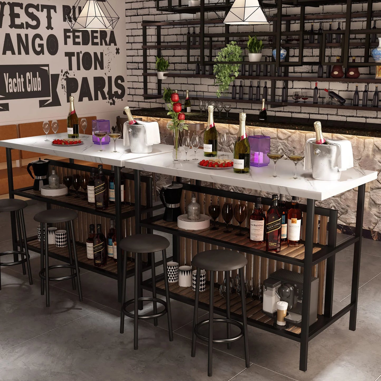 Lamerge 3 Piece Dining Table Set, Faux Marble Dining Room Table Set with 2 Tier Storage Shelves, Bar Table Set with Bar Stools, Sturdy Kitchen Island with Storage for Restaurant, Living Room, White