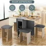 Lamerge Folding Dining Table Set for 4, Dinner Table with 4 Leather Chairs and Shelves, Space Saving Foldable Dining Table with 6 Wheels, Kitchen Table Set for Small Spaces (Grey)