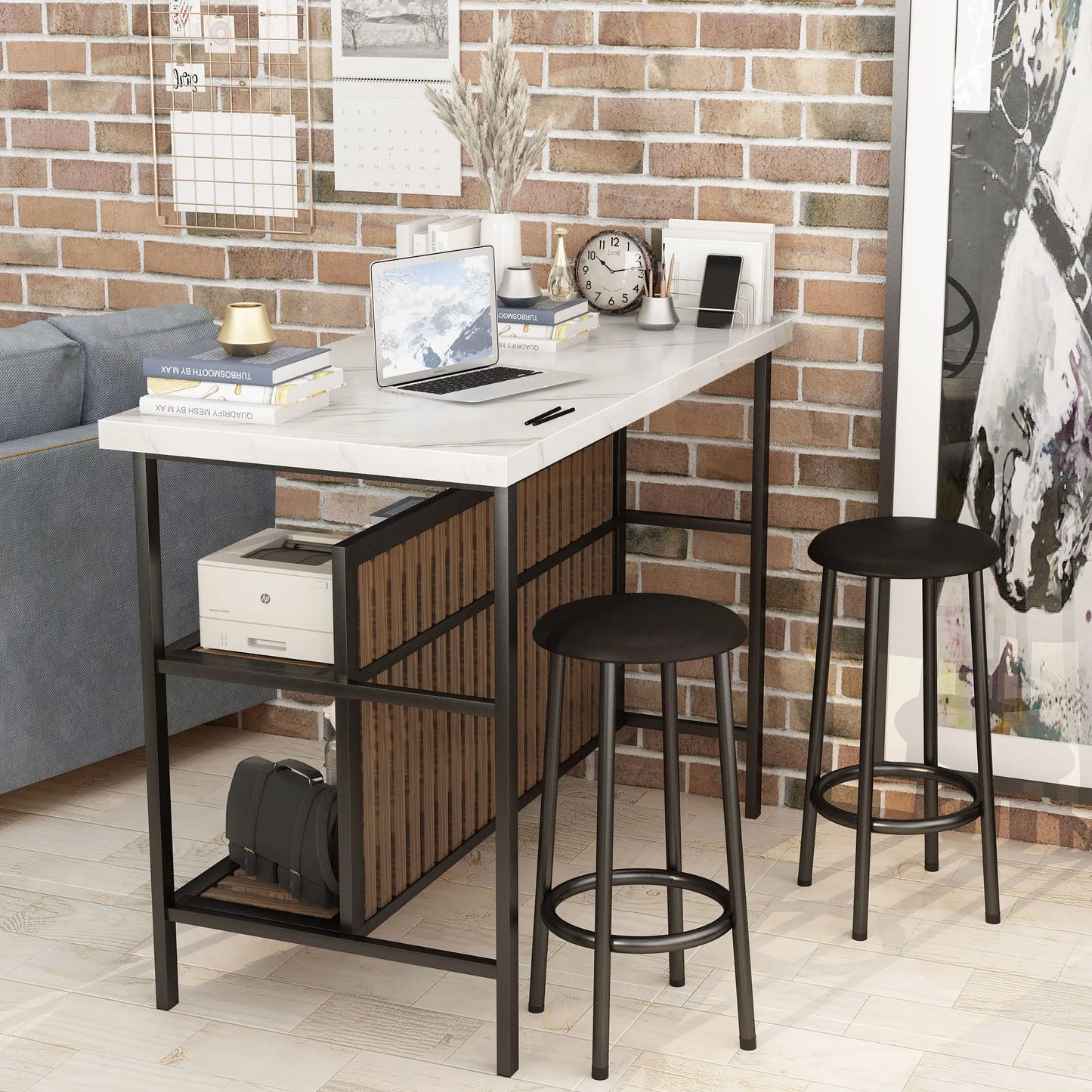 Lamerge 3 Piece Dining Table Set, Faux Marble Dining Room Table Set with 2 Tier Storage Shelves, Bar Table Set with Bar Stools, Sturdy Kitchen Island with Storage for Restaurant, Living Room, White