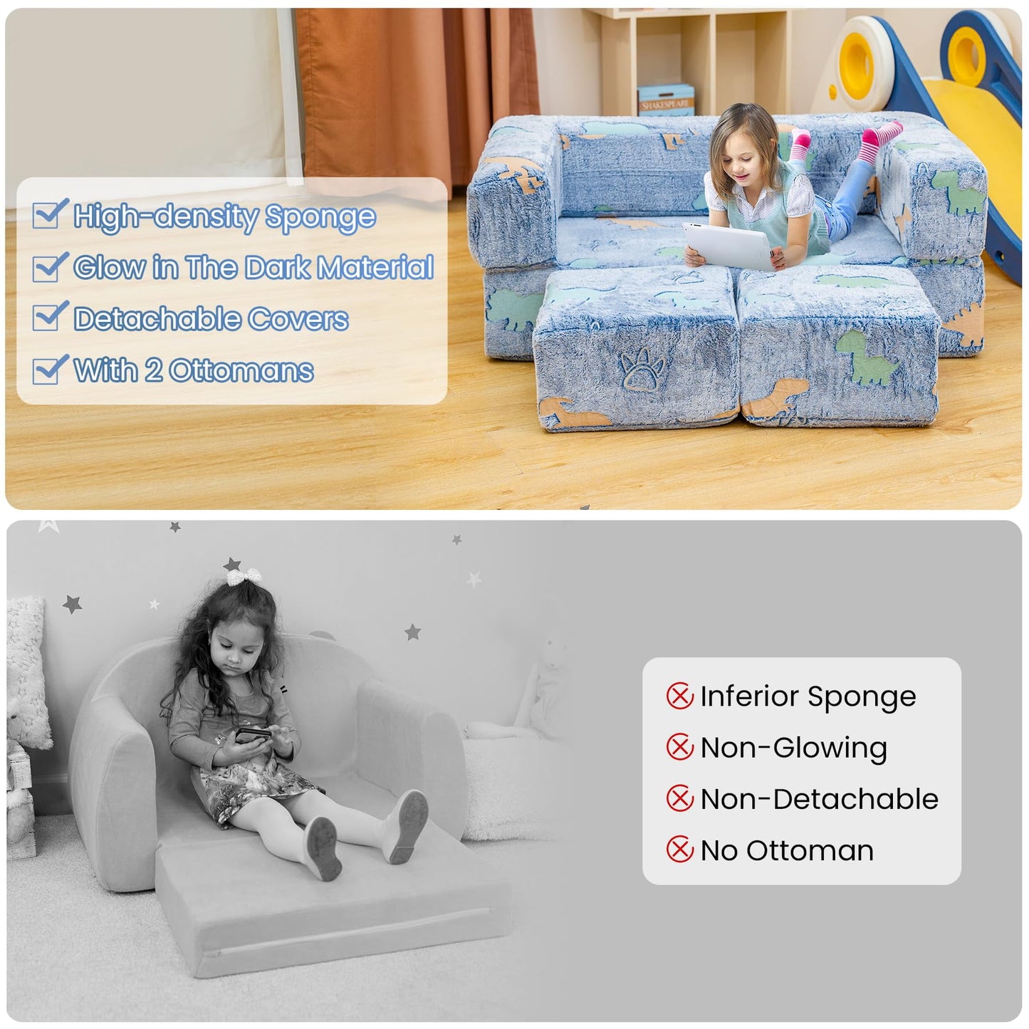 Lamerge Kids Play Couch, 5 in 1 Convertible Glow-in-the-Dark Kids Couch with Convertible Baby Play Foam and Floor Cushions for Boys and Girls, Bedroom, Playroom, Living Room. (Blue+Dinosaur)