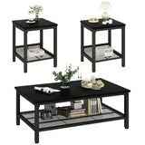 Lamerge 3 Pieces Coffee Table Set, Industrial Living Room Table Set with Metal Frame, Rectangular Coffee Table & 2 End Side Tables for Home Office Apartment, Black
