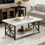 Lamerge Coffee Table with Round Corners, 2 Tier Coffee Table with Storage Shelf, Rectangular Center Table for Living Room Modern Style, Marble Tea Table 39.37 × 21.65 Inches, Easy to Assemble, White