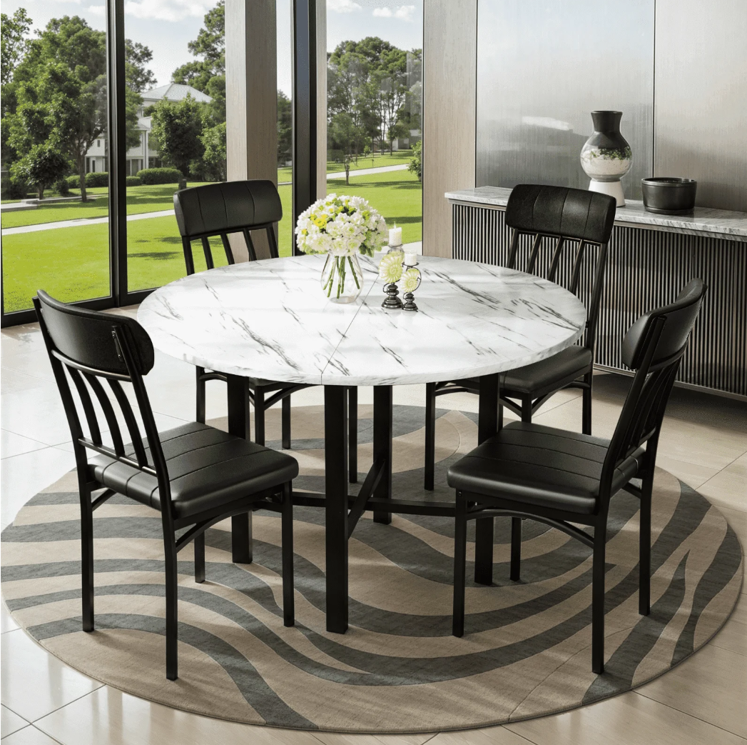 Lamerge Round Dining Table Set for 4,Wood Round Kitchen Table and Chairs Set for 4,Modern Dining Room Table Set with 4 Faux Leather Chairs,Round Dinner Table for Small Space,White