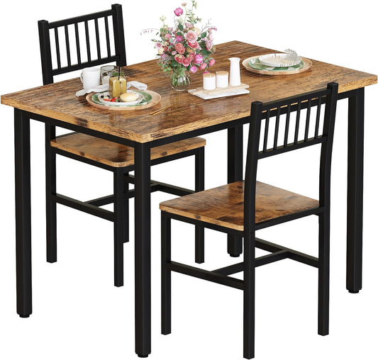 Lamerge 3 Piece Dining Table Set, Industrial Kitchen Table and 2 Chairs with Metal Frame, Dining Room Table Set, Breakfast Table Set for Small Space, Dining Room, Kitchen, Rustic Brown
