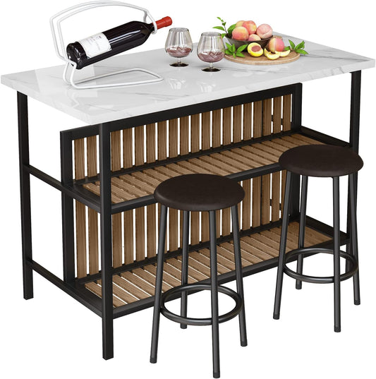 Lamerge 3 Piece Dining Table Set, Faux Marble Dining Room Table Set with 2 Tier Storage Shelves, Bar Table Set with Bar Stools, Sturdy Kitchen Island with Storage for Restaurant, Living Room, White