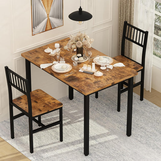 Lamerge 3 Piece Dining Table Set, Industrial Kitchen Table and 2 Chairs with Metal Frame, Dining Room Table Set, Breakfast Table Set for Small Space, Dining Room, Kitchen, Rustic Brown