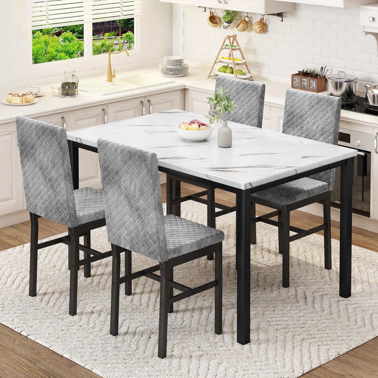 Lamerge Marble Kitchen Table Set with 4 Upholstered Velvet Chairs for Home Kitchen, Living Room, Dining Room, White and Gray