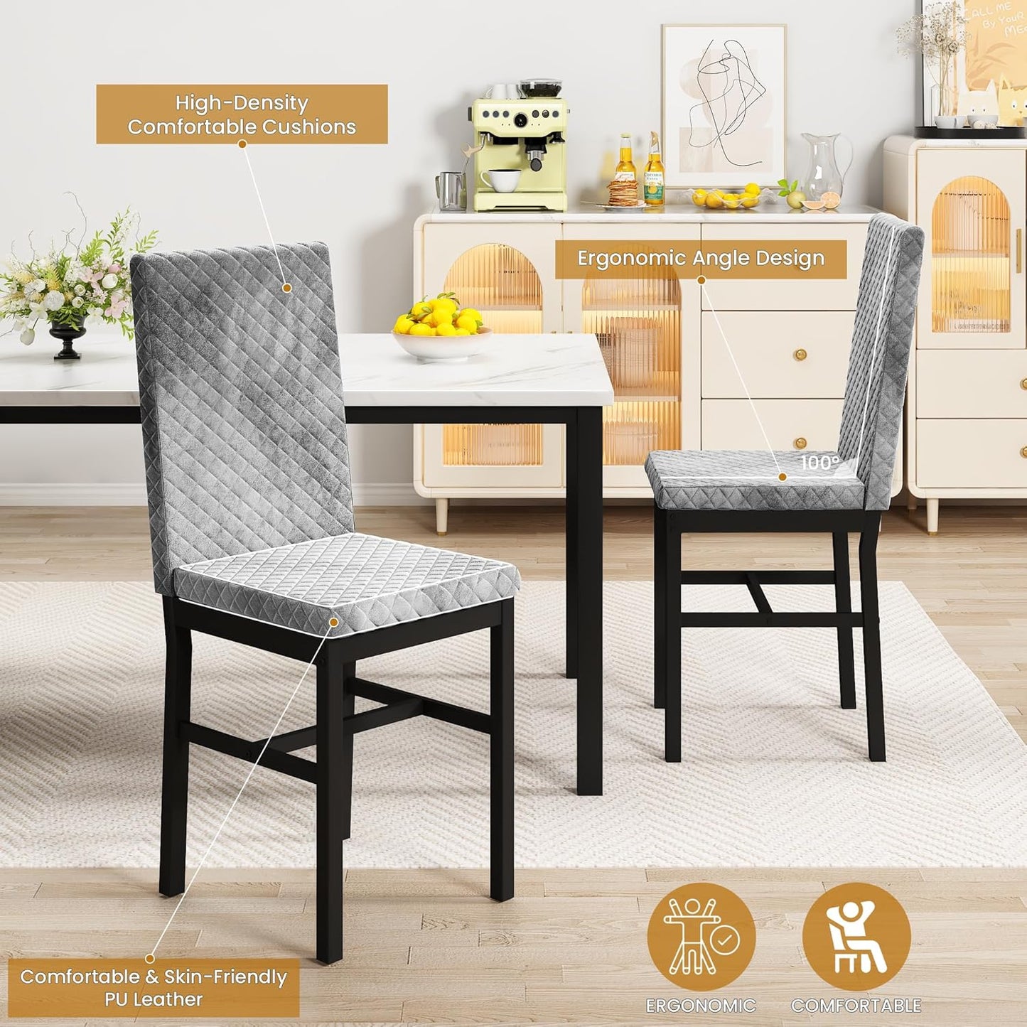 Lamerge Marble Kitchen Table Set with 4 Upholstered Velvet Chairs for Home Kitchen, Living Room, Dining Room, White and Gray