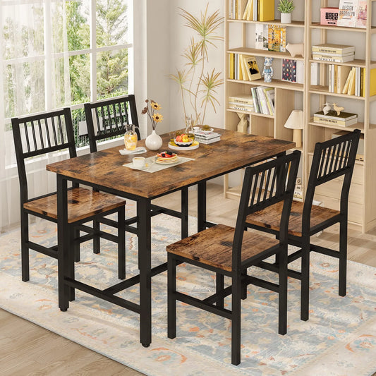 Lamerge 5 Piece Kitchen Table and Chairs Set, Dining Table Set for 4, Dining Table Set with Metal Frame, Industrial Table for Kitchen, Dining Room, Restaurant, Rustic Brown