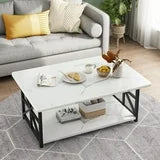 Lamerge Coffee Table with Round Corners, 2 Tier Coffee Table with Storage Shelf, Rectangular Center Table for Living Room Modern Style, Marble Tea Table 39.37 × 21.65 Inches, Easy to Assemble, White
