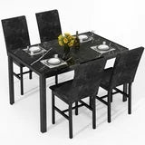 Lamerge Products 5-Piece Marble Dining Set, Modern Kitchen Table and Chairs for Dining Room, Dinette, Compact Space Saving Furniture, 4 Upholstered Velvet Chairs - Black
